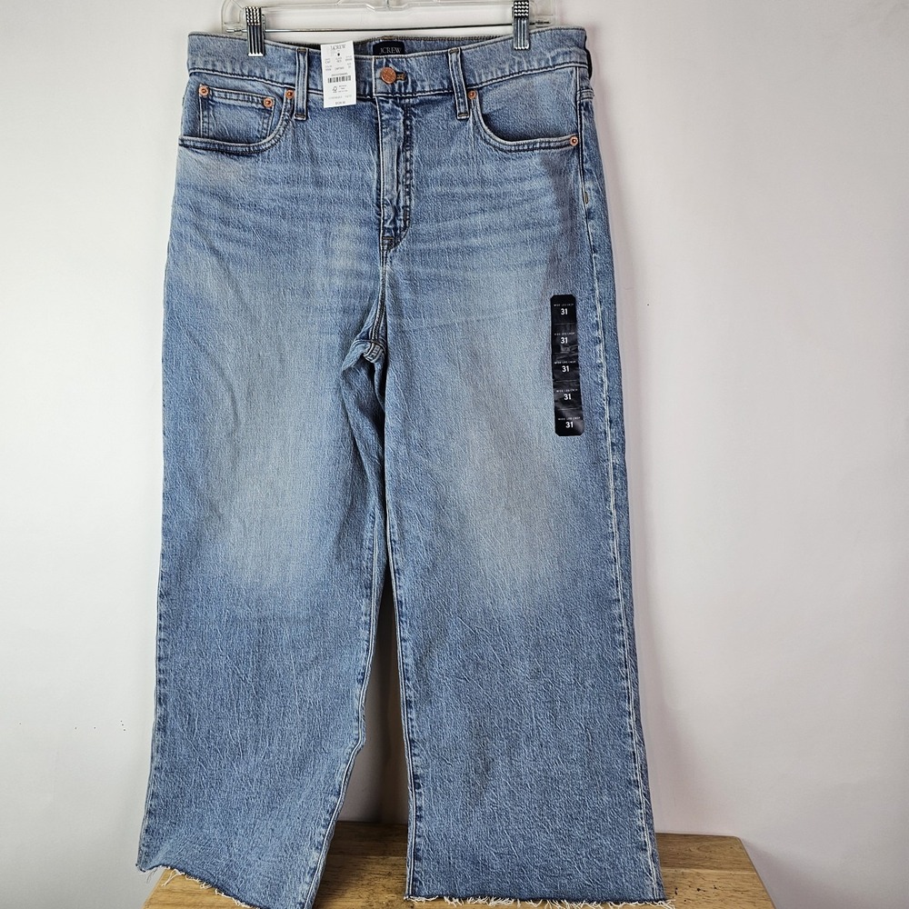J. Crew Womens NWT $128 Wide Leg Crop Blue Jeans Size 31 Barrel Distressed Hem